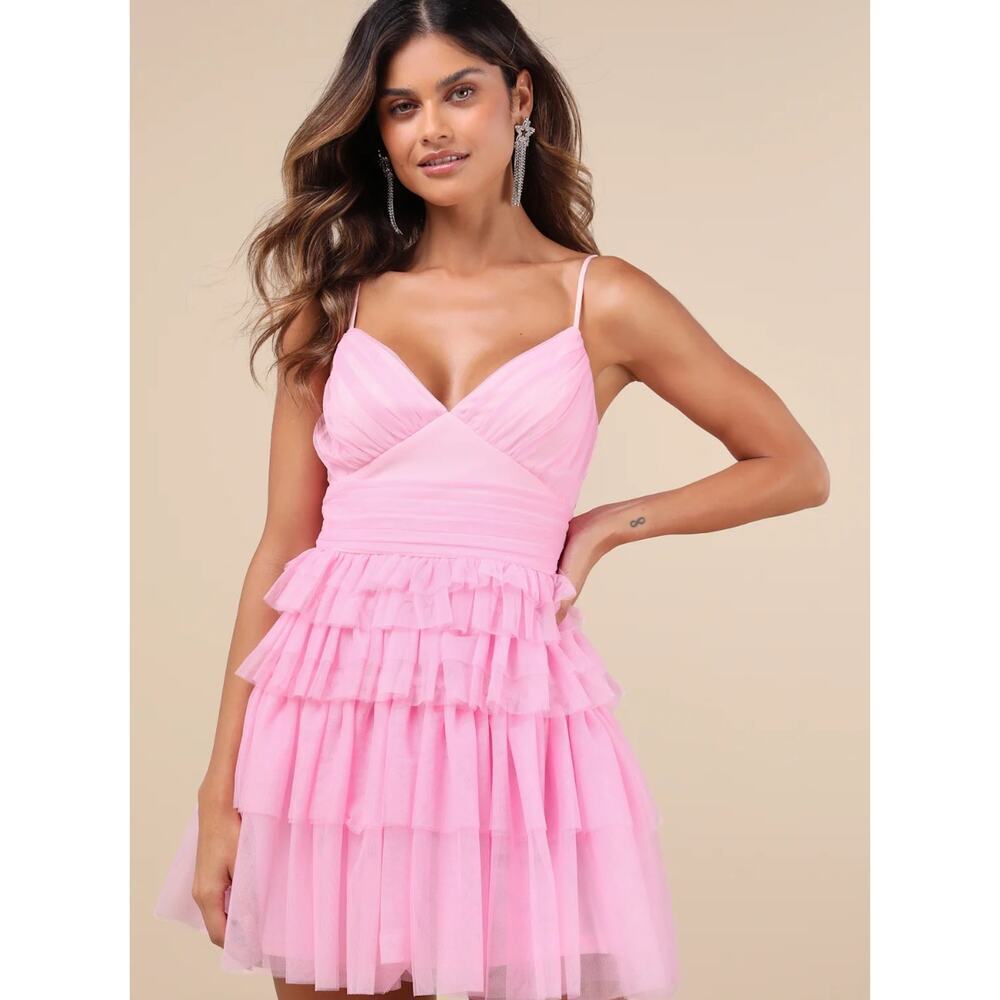 New without tags Lulus Pink Tulle Pleated Sleeveless Tiered Mini Dress SZ XL - Picture 1 of 11